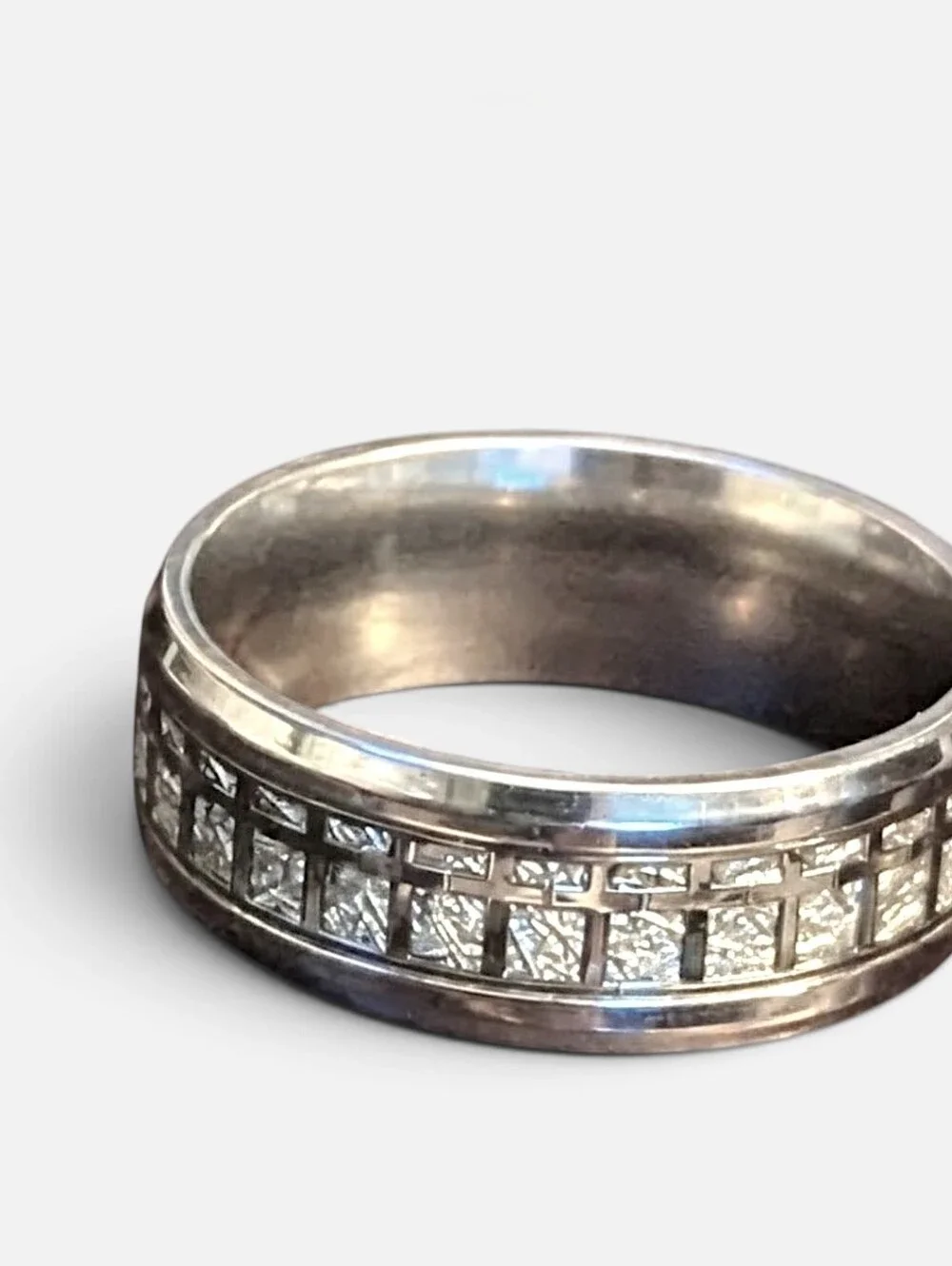 Polished Silver Stainless Steel Shimmering Cross Ring w Texture Inlay 8,10,11